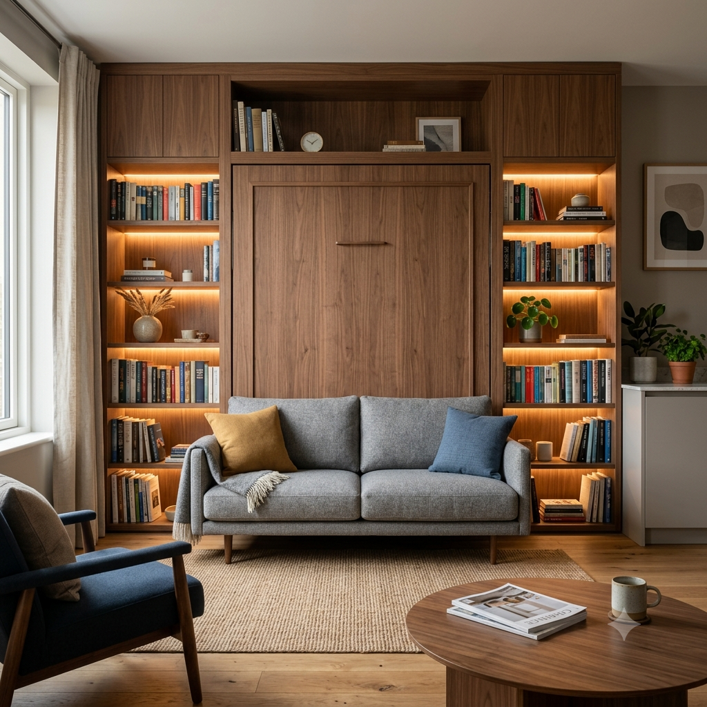 Murphy bed with integrated sofa and LED bookshelf, a multi-functional piece that converts from lounge seating to premium sleeping quarters while bookshelf storage maximizes vertical wall space